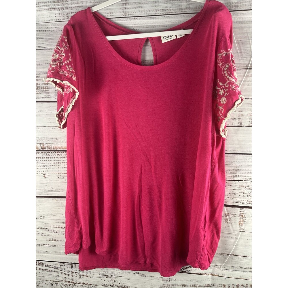 CATO Blouse Women’s 22/24W Pink Floral Embroidered Round Neck